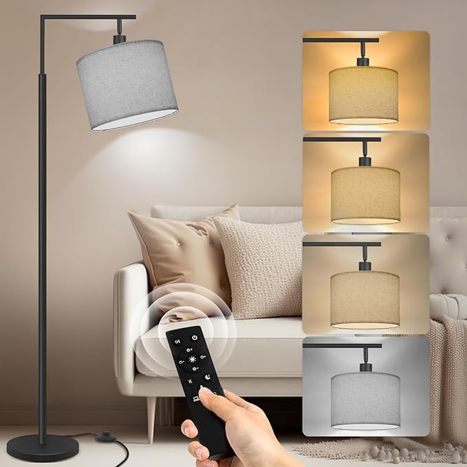 PESRAE Floor Lamp for Living Room, LED Floor Lamp with Remote Control, 4 Color Temperature LED Bulb Included, Modern Standing lamp with Linen Lampshade for Bedroom,Grey… - LeafyLoom