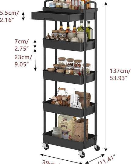 5-Tier Rolling Utility Cart，Trolley with Drawer, Multifunctional Storage Organizer with Plastic Shelf & Metal Wheels, Storage Cart for Living Room, Kitchen, Office, Bathroom, Black - LeafyLoom