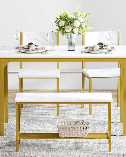 sogesfurniture Modern 4-Piece Kitchen Dining Table Set with 1 Bench and 2 Chairs, Kitchen Bench Table Set for 4, Wooden Kitchen Table and Chairs for Limited Space,Gold - LeafyLoom