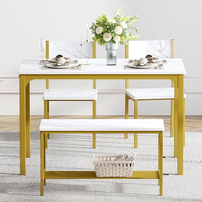 sogesfurniture Modern 4-Piece Kitchen Dining Table Set with 1 Bench and 2 Chairs, Kitchen Bench Table Set for 4, Wooden Kitchen Table and Chairs for Limited Space,Gold - LeafyLoom