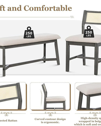 Merax 6-piece Retro Farmhouse Style Dining Set for 6 Rectangular Wood Kitchen Table with 4 Rattan Backrest Upholstered Chairs & Bench for Living Room, Home, Gray - LeafyLoom