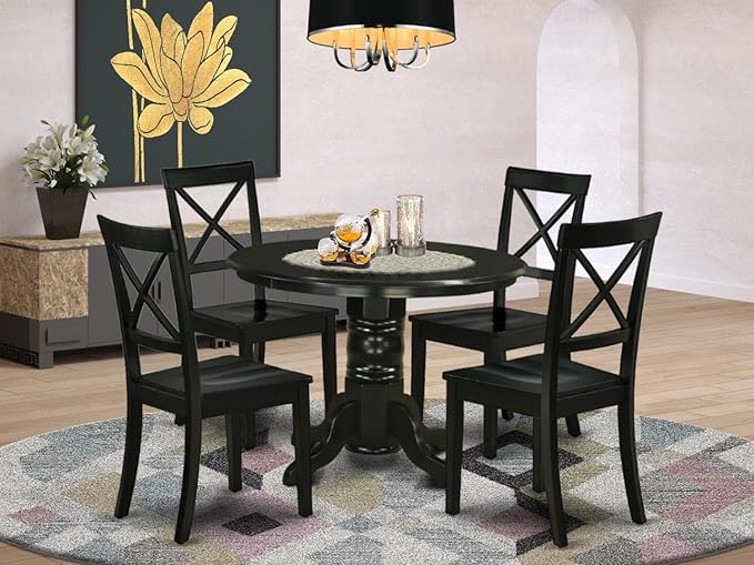 East West Furniture SHBO5-BLK-W 5 Piece Set Includes a Round Kitchen Table with Pedestal and 4 Dining Chairs, 42x42 Inch - LeafyLoom
