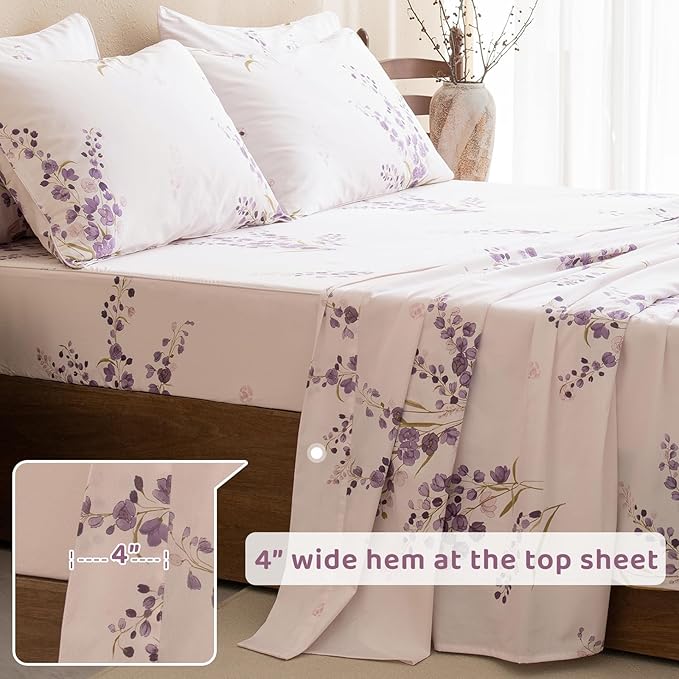 QSH Purple Floral Bed Sheets King Size 100% Egyptian Cotton Lavender Flower Bedding Sheets King Size Bedsheets Sets 17.5" Extra Deep Pocket 4pcs - LeafyLoom