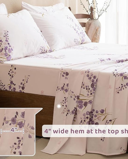 QSH Lavender Floral Bed Sheets Queen Size - 100% Egyptian Cotton Sheets Purple Flower Printed Bedding Sheets Queen Size Bed 4pcs Deep Pockets Bed Sheets - LeafyLoom