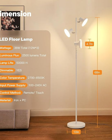 36W White Floor Lamp, Super Bright Tree Floor Lamp LED Standing Lamp with Remote Control, 4 Color Temperatures, 3 Rotatable LED Lights, Dimmable Floor Lamps for Living Room, Bedroom, Office - LeafyLoom