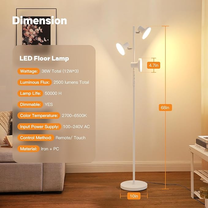 36W White Floor Lamp, Super Bright Tree Floor Lamp LED Standing Lamp with Remote Control, 4 Color Temperatures, 3 Rotatable LED Lights, Dimmable Floor Lamps for Living Room, Bedroom, Office - LeafyLoom