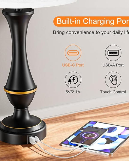 Touch Lamps for Bedrooms Set of 2 - Nightstand Table Lamp with USB C+A, 3 Way Dimmable Bedside Lamps for Living Room End Tables Set of 2, Farmhouse Night Stand Lamps for Bed Side Guest Room(White) - LeafyLoom