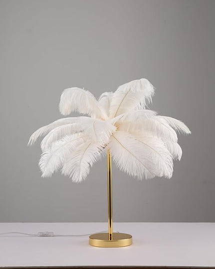 Ostrich Feather Table Lamp with Plug in Wire Modern Feather Lamp 3-Light Bedside Table Lamp for Living Room, Bedroom and Office 24” Tall Feather Desk Lamp (White-Metal Table Lamp) - LeafyLoom