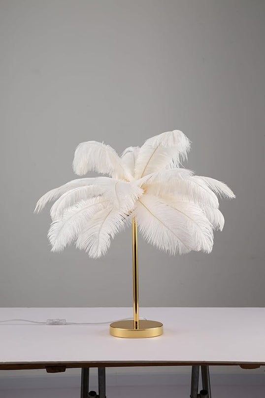 Ostrich Feather Table Lamp with Plug in Wire Modern Feather Lamp 3-Light Bedside Table Lamp for Living Room, Bedroom and Office 24” Tall Feather Desk Lamp (White-Metal Table Lamp) - LeafyLoom