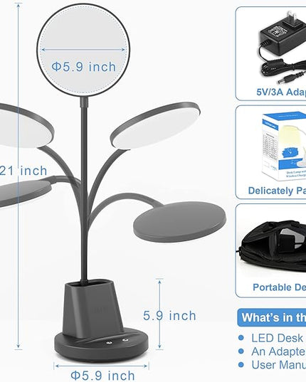 Sailstar Desk Lamp, Desk Lamps for Home Office with Wireless Charger & Pen Holder, 800 Lumens Gooseneck 3 Modes Dimmable Touch Circular LED Desk Light, Small Desk Lamp for College Dorm Room, Black - LeafyLoom