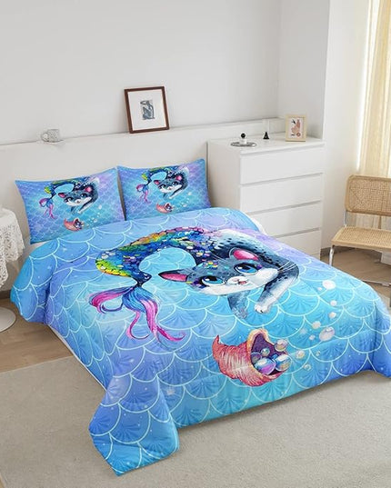 Rainbow Cartoon Cat Comforter Colorful Mermaid Comforter Set for Kids Boys Girls Teens Room Decor Blue Mermaid Scales Bedding Set Ocean Gradient Duvet Set 3Pcs King Size Boys - LeafyLoom
