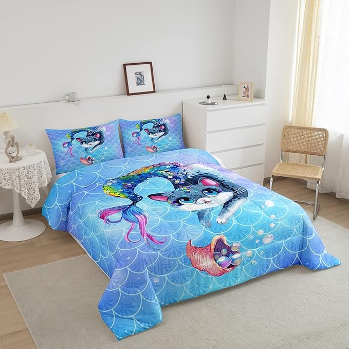 Rainbow Cartoon Cat Comforter Colorful Mermaid Comforter Set for Kids Boys Girls Teens Room Decor Blue Mermaid Scales Bedding Set Ocean Gradient Duvet Set 3Pcs King Size Boys - LeafyLoom