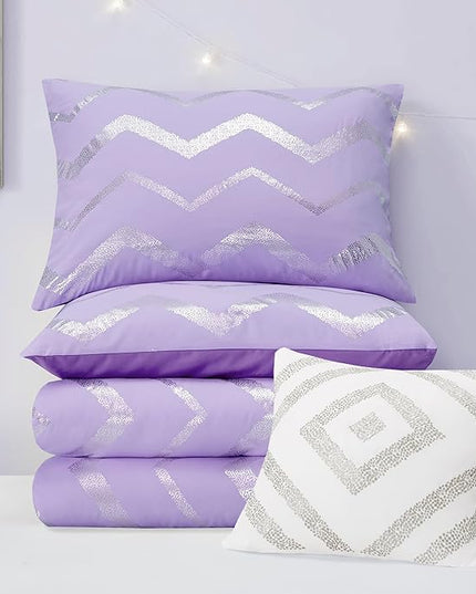 Codi Purple Comforter Set Full - Metallic Silver and Lavender Bedding Sets Queen Size - 4 Piece Set for Girls, includes 1 Comforter, 1 Decorative Pillow, 2 Pillow Cases - All Season Warm - LeafyLoom
