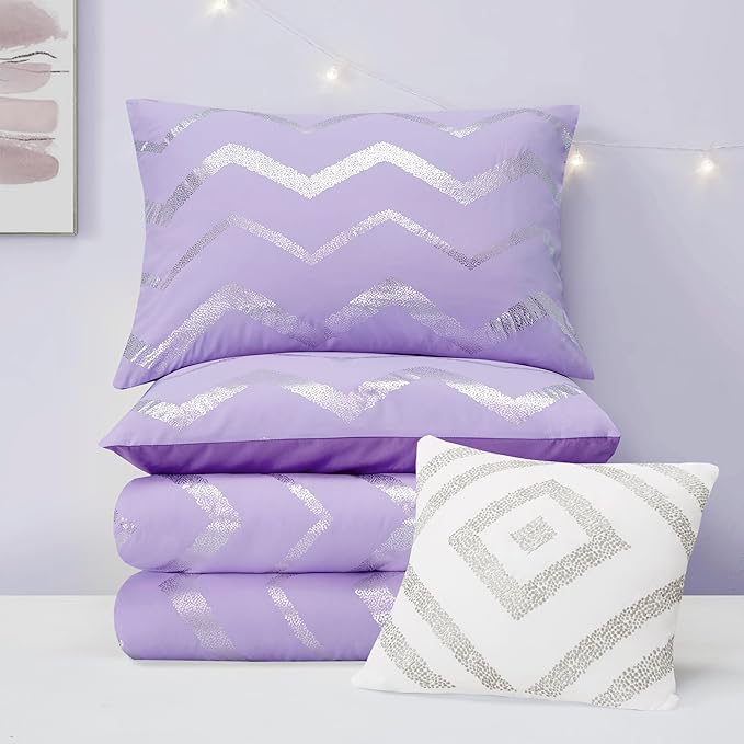 Codi Purple Comforter Set Full - Metallic Silver and Lavender Bedding Sets Queen Size - 4 Piece Set for Girls, includes 1 Comforter, 1 Decorative Pillow, 2 Pillow Cases - All Season Warm - LeafyLoom