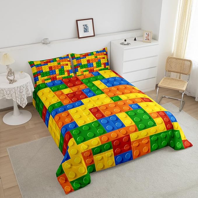 Feelyou Games Comforter Set Queen Building Blocks Bedding Set for Kids Boys Girls Colorful Geometric Toy Brick Comforter Gaming Nursery Quilt Duvet Set with 2 Pillowcase Boys - LeafyLoom