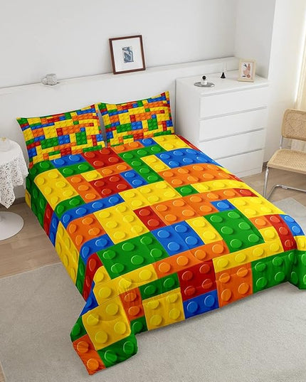 Feelyou Games Comforter Set Full Size Building Blocks Bedding Set for Kids Boys Girls Colorful Geometric Toy Brick Comforter Inner Fill Toddler Gaming Bedroom Nursery Quilt Duvet Set with 2 Pillowcase - LeafyLoom