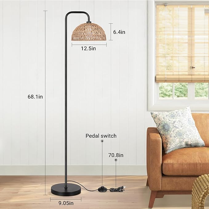PARTPHONER Rattan Floor Lamp, 68'Standing Lamp for Living Room with 3 Color Temperatures Adjustable Tall Reading Lamp for Bedroom Office, Bulb Include - LeafyLoom