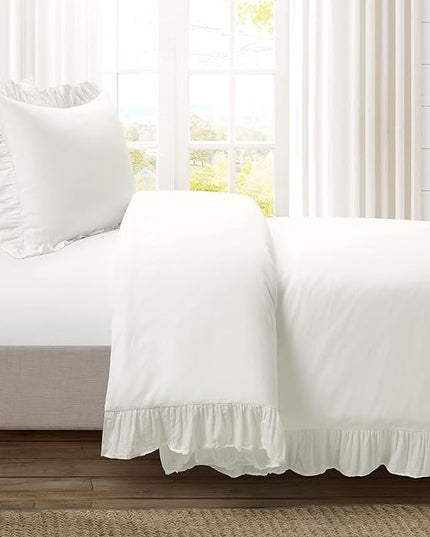 Lush Decor Reyna Ruffle 100% Cotton Duvet Cover Set - 2 Piece Cozy Ruffled Bedding Set - Timeless Elegance and Comfort For Teen or Dorm Room- Twin XL, White - LeafyLoom
