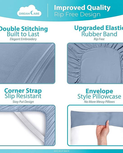 DREAMCARE Twin Sheets - Cooling Bed Sheets - 4pcs Set - up to 15" Deep Pocket Twin Bed Sheets - Twin Sheet Set - Bed Sheets Twin Soft & Lasting 100% Brushed Polyester with Side Pocket - Light Blue - LeafyLoom