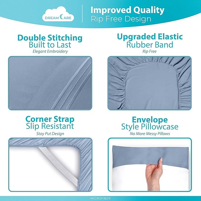DREAMCARE Twin Sheets - Cooling Bed Sheets - 4pcs Set - up to 15" Deep Pocket Twin Bed Sheets - Twin Sheet Set - Bed Sheets Twin Soft & Lasting 100% Brushed Polyester with Side Pocket - Light Blue - LeafyLoom