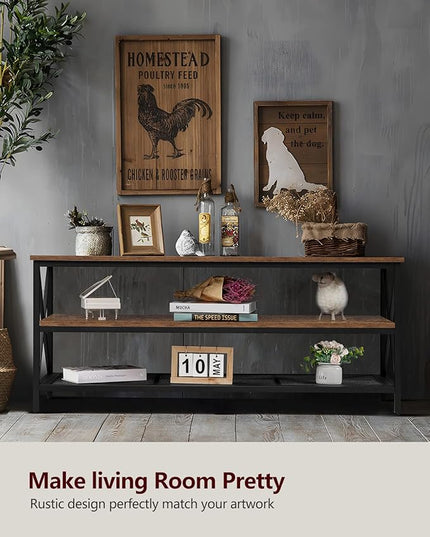 WEENFON Wood TV Stand for 55 Inch TV, 47 Inch Metal TV Table with Adjustable Leg, Unique Rustic Storage Shelve for Living Room, 3-Tiers TV Console for Bedroom, Rustic Brown - LeafyLoom