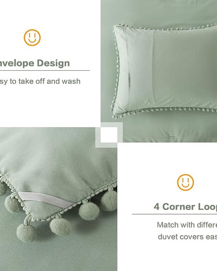 Litanika Comforter Full Size Set Sage Green,3 Pieces Sage Green Boho Pom Pom Lightweight Bed Comforter Full,All Season Solid Color Bedding Comforter Sets (1 Comforter 79x90 Inch, 2 Pillowcases) - LeafyLoom