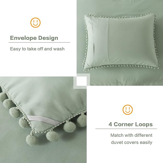 Litanika Comforter Full Size Set Sage Green,3 Pieces Sage Green Boho Pom Pom Lightweight Bed Comforter Full,All Season Solid Color Bedding Comforter Sets (1 Comforter 79x90 Inch, 2 Pillowcases) - LeafyLoom