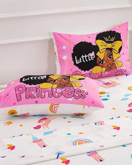 A Nice Night Black Girl Little Princess Comforter Set, Pink 6Pcs Bed in A Bag Twin Size Sparkling Stars Bedding Set,for Kids, Girls - LeafyLoom