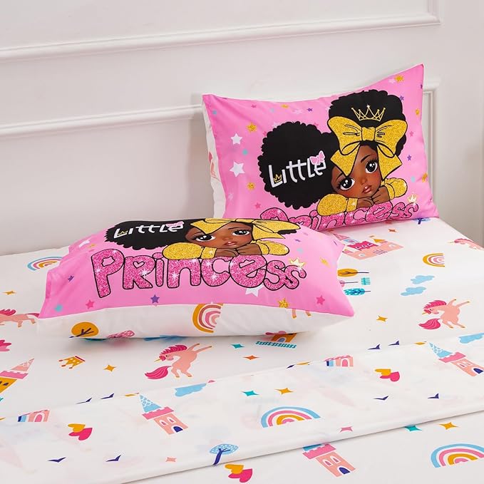 A Nice Night Black Girl Little Princess Comforter Set, Pink 6Pcs Bed in A Bag Twin Size Sparkling Stars Bedding Set,for Kids, Girls - LeafyLoom