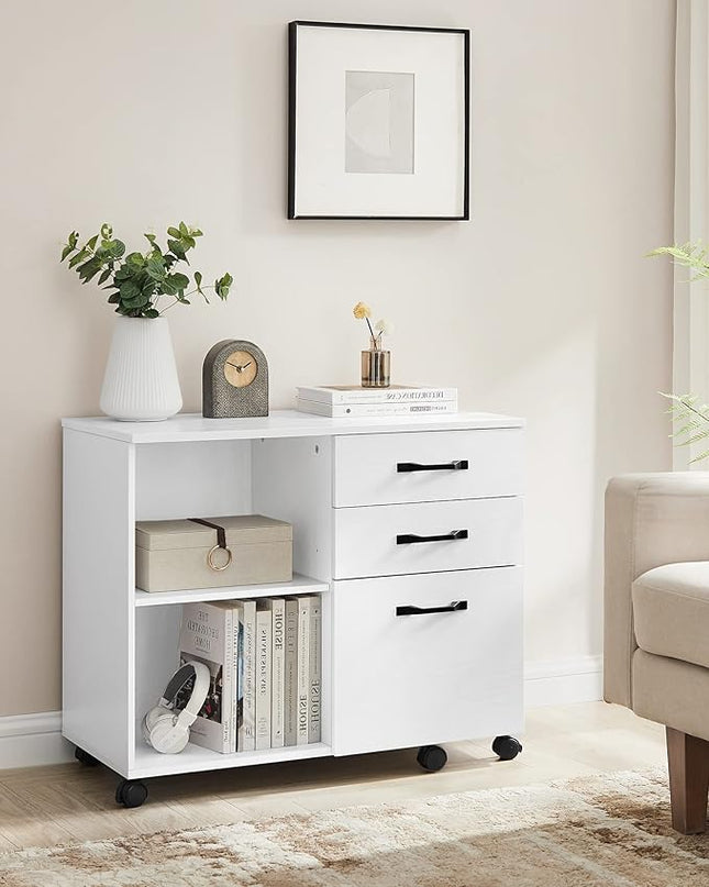 VASAGLE Lateral File Cabinet, Home Office Printer Stand, with 3 Drawers and Open Storage Shelves, for A4, Letter-Size Documents, White, 15.7”D x 31.5”W x 26”H - LeafyLoom