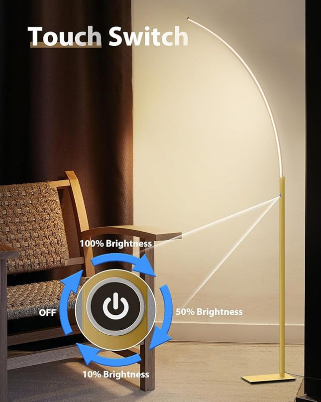 TACAHE Arc Corner Floor Lamp - 3000K Warm White & 3 Brightness Presets - Curved LED Accent Lamp with Touch Switch - 63" Modern Standing Lamp for Bedroom, Living Room - 12W - Gold - LeafyLoom