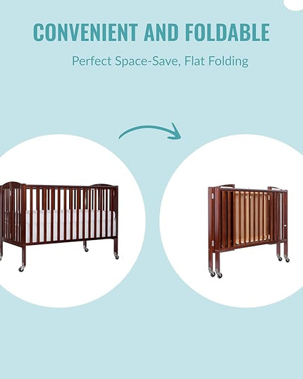 Folding Full Size Convenience Crib In Espresso, Two Adjustable Mattress Height Positions, Comes With Heavy Duty Locking Wheels, Flat Folding Crib - LeafyLoom