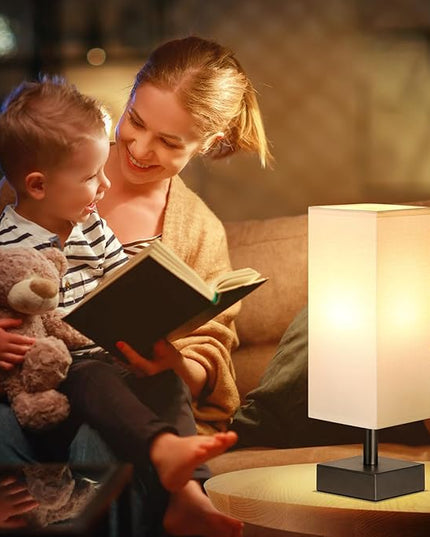 White Small Bedside Lamp for Bedroom - Table Lamps for Nightstand, Minimalist Night Stand Lamp with Square Linen Shade, Desk Reading Lamp for Kids Room Living Room Office with Black Base - LeafyLoom