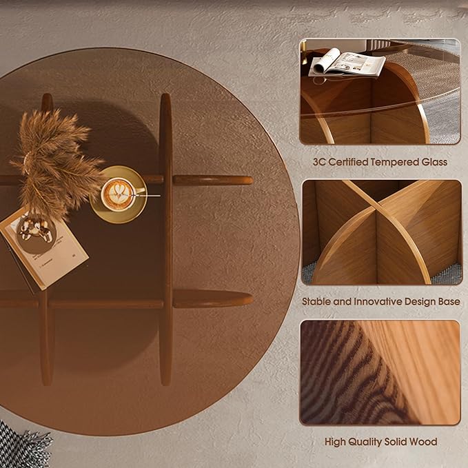 Modern Round Coffee Table with Solid Wood Legs, 31.5'' Glass Coffee Tables for Living Room Rustic Circle Center Cocktail Table with Tempered Glass-Top, Unique Accent Table for Small Spaces - LeafyLoom