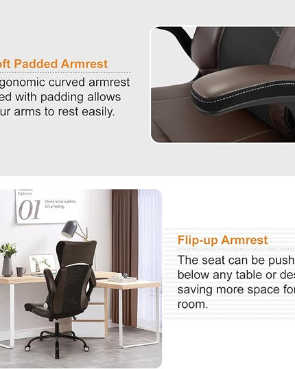 Home Office Chair, Ergonomic Desk Chair with Lumbar Support, Faux PU Leather Cushion Mid Back Mesh Executive Computer Chair-Adjustable Headrest, Armrest, Height for Home Office Gaming, Brown - LeafyLoom
