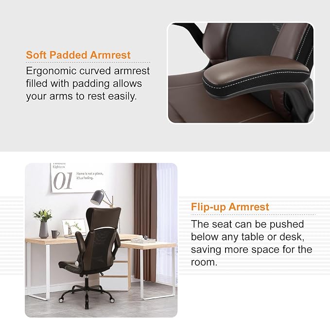 Home Office Chair, Ergonomic Desk Chair with Lumbar Support, Faux PU Leather Cushion Mid Back Mesh Executive Computer Chair-Adjustable Headrest, Armrest, Height for Home Office Gaming, Brown - LeafyLoom