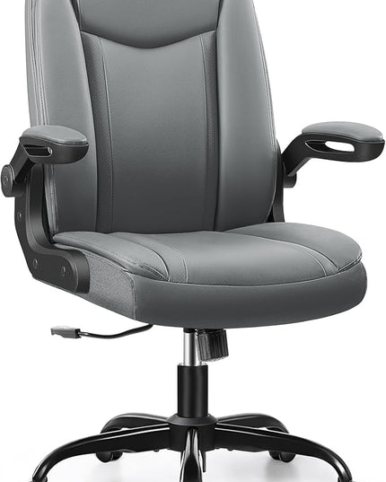 Office Chair Ergonomic Computer Desk Chair, Executive Leather Office Chair with Adjustable Flip-up Armrests Height, Swivel Task Chair with Lumbar Support Rocking Function for Home Office(Gray) - LeafyLoom