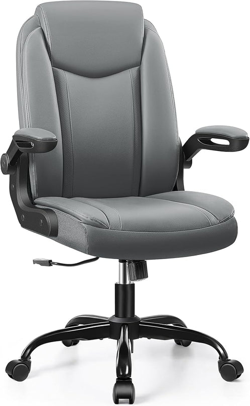 Office Chair Ergonomic Computer Desk Chair, Executive Leather Office Chair with Adjustable Flip-up Armrests Height, Swivel Task Chair with Lumbar Support Rocking Function for Home Office(Gray) - LeafyLoom