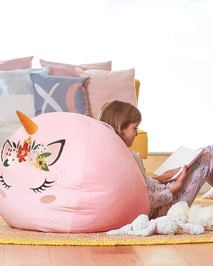 Aubliss Stuffed Animal Storage, Velvet Bean Bag Chairs Cover, X-Large 38" Ultra Soft Kids Toy Storage Organizer for Blankets Towels Clothes, Unicorn Pink Floral - LeafyLoom