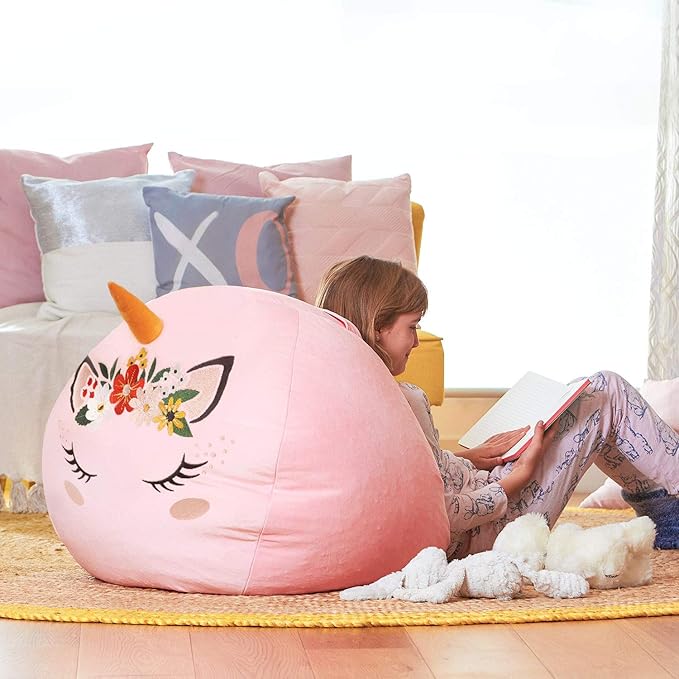 Aubliss Stuffed Animal Storage, Velvet Bean Bag Chairs Cover, X-Large 38" Ultra Soft Kids Toy Storage Organizer for Blankets Towels Clothes, Unicorn Pink Floral - LeafyLoom