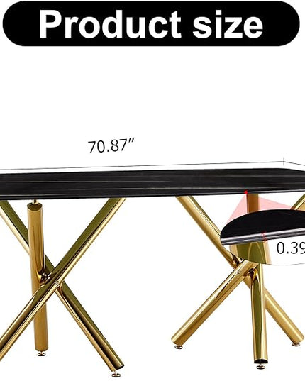 NicBex Large Modern Minimalist Rectangular Dining Table with 0.39 "Imitation Marble Black Desktop and Gold Metal Legs for Kitchen Dining Living Meeting Room Banquet Halls, Black - LeafyLoom
