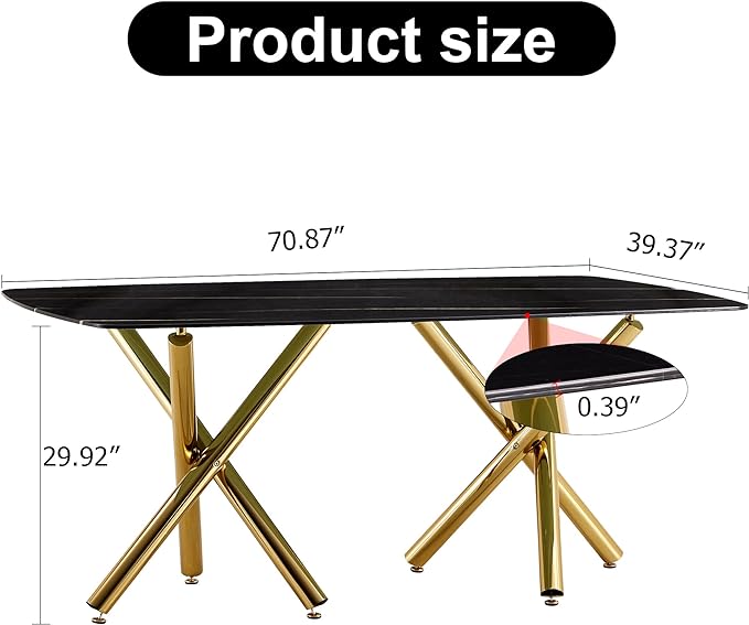 NicBex Large Modern Minimalist Rectangular Dining Table with 0.39 "Imitation Marble Black Desktop and Gold Metal Legs for Kitchen Dining Living Meeting Room Banquet Halls, Black - LeafyLoom