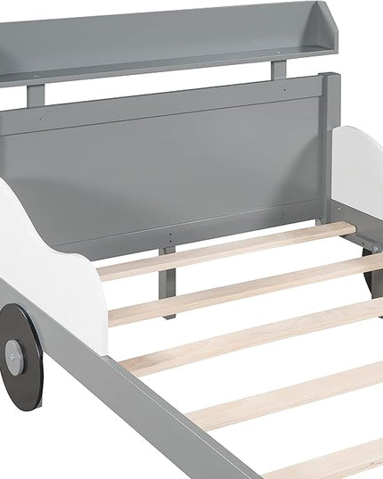Twin Size Car-Shaped Platform Bed with 2 Storage Shelf,Kids Cars Beds W/Wheels,Slats Support,Saving Space,Easy Assembly,Wood Car Bedframe for Boys Toddlers Teens Bedroom,Gray - LeafyLoom