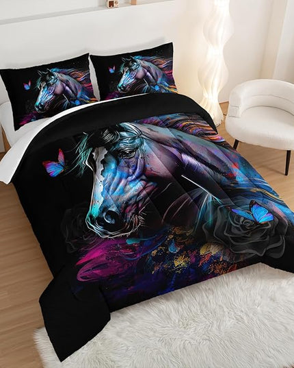 HOSIMA 3 Pieces Art Horse Comforter with 2 Pillowcases,Wildlife Horse Butterfly Black Comforter Set Boys Teens Aesthetic Room Decor,Animal Bedding King Size Comforter Set for adults. - LeafyLoom