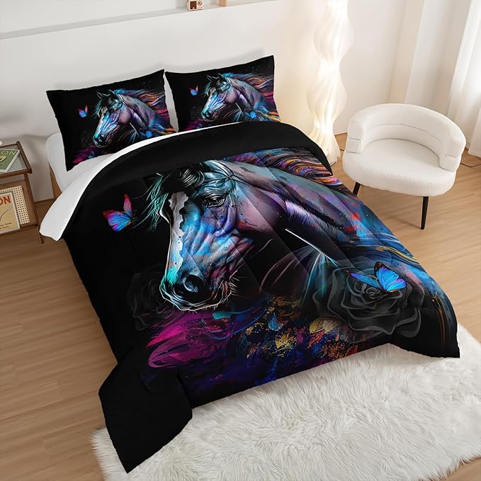 HOSIMA 3 Pieces Art Horse Comforter Set with 2 Pillowcases,Wildlife Horse Butterfly Black Comforter Boys Teens Aesthetic Room Decor,Animal Bedding Full Size Bed in a Bag Sets for adults. - LeafyLoom