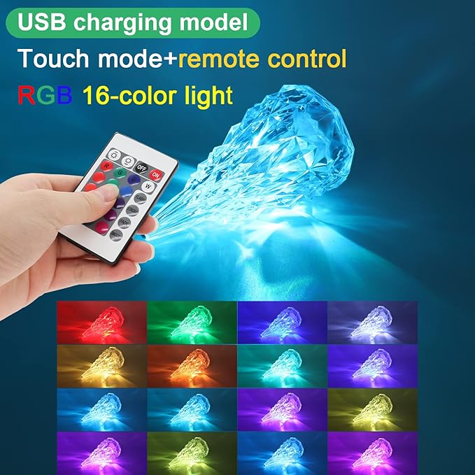 Iceberg Shape Crystal Touch Lamp RGB Tablelamp Night Light, Colorful Remote Control USB Rechargeable Dimmable Creative Lovely Gift Bedside Lights for Home Bedroom Decor - LeafyLoom