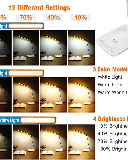 Miady LED Desk Lamp Eye-Caring Table Lamp, 3 Color Modes with 4 Levels of Brightness, Dimmable Office Lamp with Adapter, Touch Control Sensitive(White Aluminum) - LeafyLoom