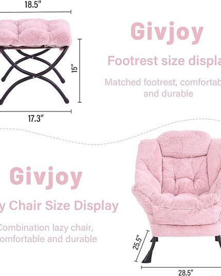 Plush Lazy Chair and Ottoman, Large Contemporary Accent Lounge Chair with Armrests and a Side Pocket, Modern Leisure Upholstered Sofa Reading Armchair with Footrest for Bedroom, Living Room - LeafyLoom