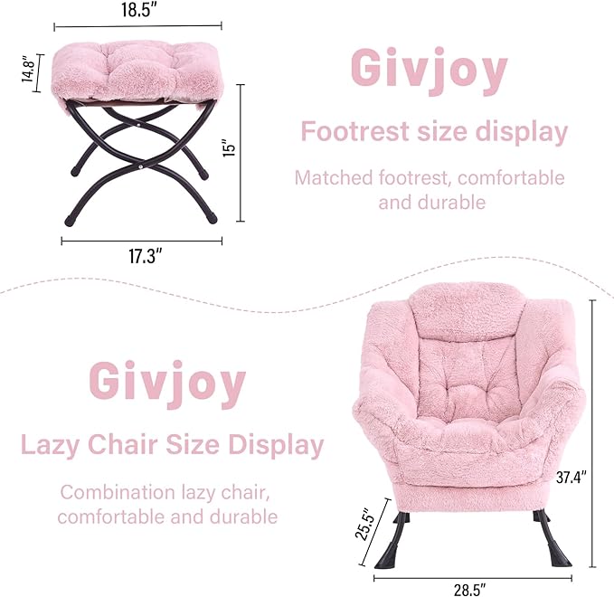 Plush Lazy Chair and Ottoman, Large Contemporary Accent Lounge Chair with Armrests and a Side Pocket, Modern Leisure Upholstered Sofa Reading Armchair with Footrest for Bedroom, Living Room - LeafyLoom