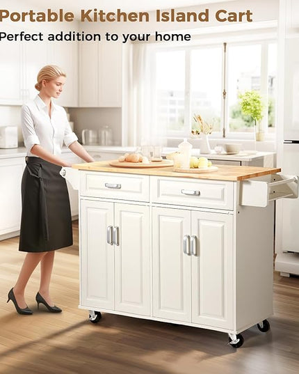 54“ Large Kitchen Island with Storage, Kitchen Cart on Wheels with 2 Large Drawers, Adjustable Shelf Inside Cabinet, Spice Rack & Towel Rack, Simple Design Rolling Island Table for Kitchen - LeafyLoom